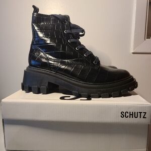 Schutz Black Leather Croc-Embossed Combat Boots Womens Size 8